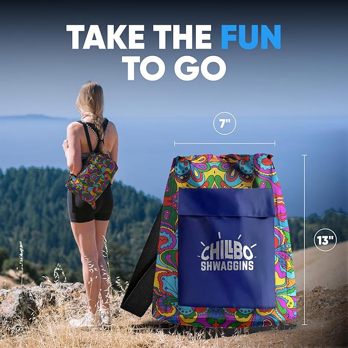 Chillbo Shwaggins Inflatable Couch – No-Pump Setup, Ripstop Polyester, Stability Pegs, Fun Prints, Portable Air Lounger for Beach, Camping, Festivals, and Tailgating - 60s Pyschedelic