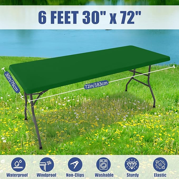 Spandex 6 Foot Rectangle Table Cloth 2 Pack, Elastic Fitted Tablecloths for Picnic, Stretch Washable Patio Table Cover for Outdoor, Camping, Banquet and Parties (Emerald Green, 30"x72")