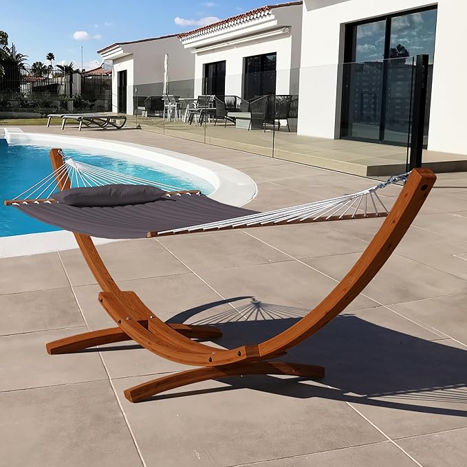 Lazy Daze Hammocks 12 FT Double Quilted Fabric Hammock and 13 FT Brown Wooden Arc Stand, with Spreader Bar, Removable Pillow, 2 Person Hammock for Outdoor Patio Poolside, 450 lb Capacity, Dark Gray