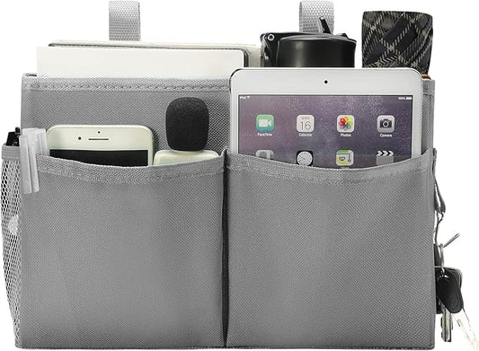 Bunk Bed Organizer, Bedside Caddy Hanging Bed Organizer Storage Bag with 4 Pockets and 2 Hooks, for College Dorm Rooms Bed, Hospital Bed, Baby Bed Rails, 600D Oxford Cloth (Gray)