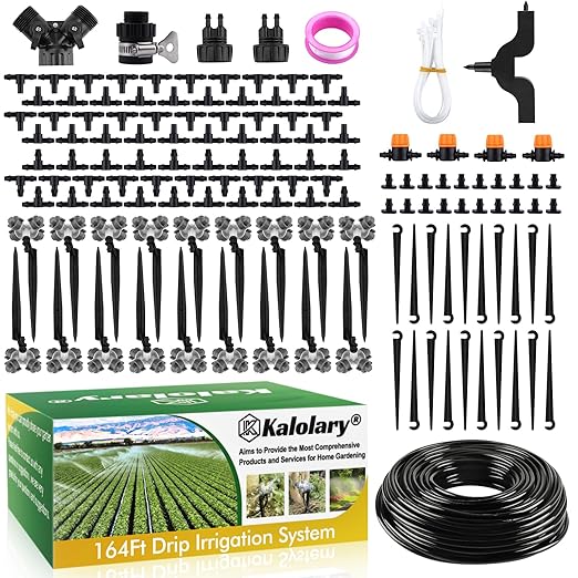164FT Automatic Drip Irrigation Kit, Kalolary Micro Garden Watering System with 1/4" Distribution Tube Adjustable Sprinkler Equipment 4/7 Misting Nozzle Emitters Barbed Fittings for Greenhouse Patio