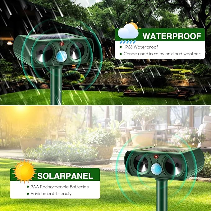 4Pack Solar Ultrasonic Animal Repellent Outdoor Deer Repellent Devices with Motion Detection&Flash Light Squirrel Cat Raccoon Rabbit Dog Deterrent,2025 Keep Rodent Chipmunk Away for Yard Garden Lawn