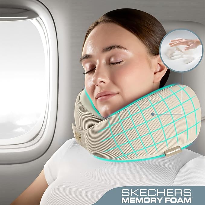 Skechers Memory Foam Neck Pillow, Comfortable & Breathable Travel Pillow, Neck Pillow Airplane for Travel, Car Rides, Home, and Office Use, Ergonomic Design for Men and Women,Beige