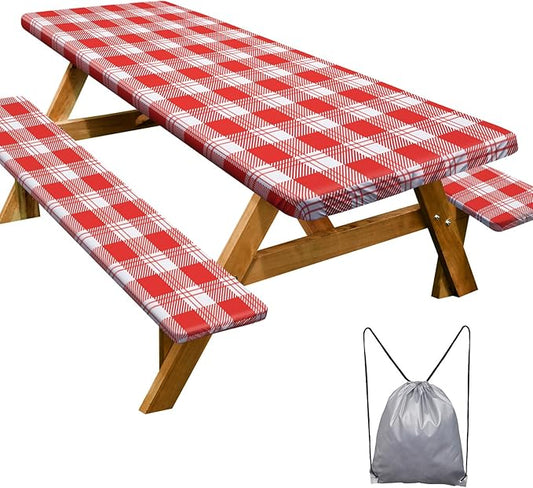 Picnic Table Cover with Bench Covers Camping Essentials Waterproof Windproof Camping Tablecloth with Drawstring Bag, Fitted Rectangle Tables and Seats, 96in, Red Checkered