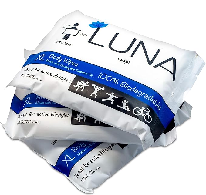 XL Wet Wipe Cleansing Body Wipes All Natural - 3 Pack Individual Pouches - Gentle & Unscented - No Rinse Bathing and Shower Wipe - Great for After Workout, Camping, Travel, Yoga, Gym