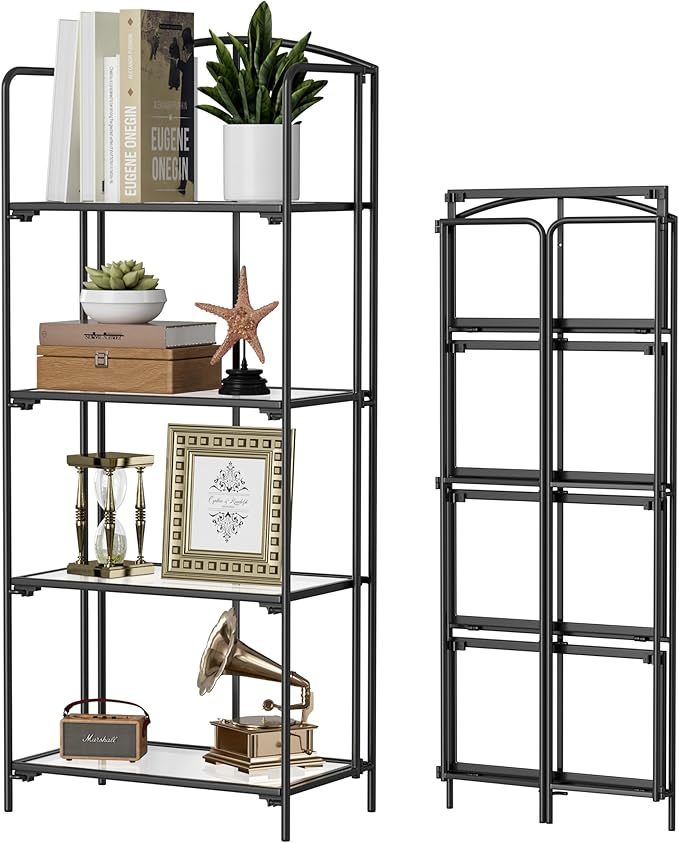 Crofy No Assembly Folding Bookshelf for Living Room, 4 Tier Black Collapsible Book Shelf for Home Office, Portable Bookcase Storage Organizer