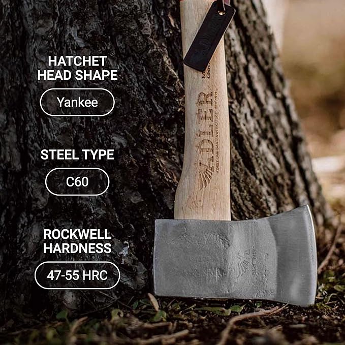 The Yankee, 15", German Forged, All-Purpose Wilderness Camping Hatchet & Kindling Splitting, Anti-Slip Wood Handle (Red Stripe)