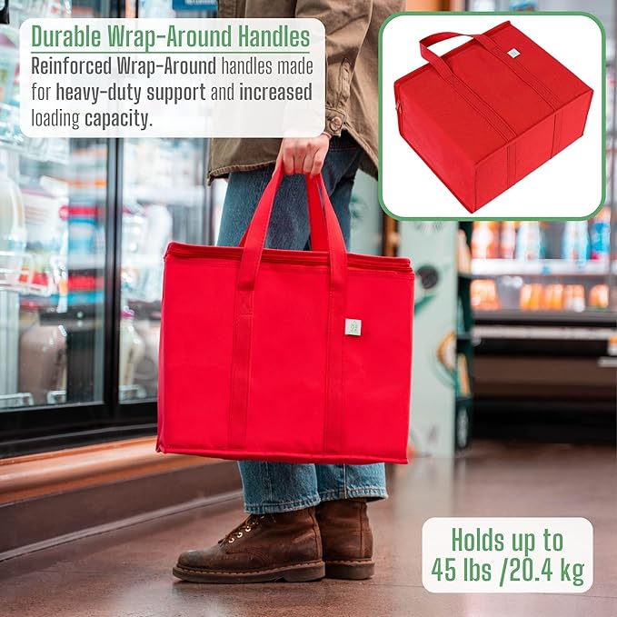 VENO 3 Pack Cooler Bag and Insulated Grocery Bags for Food Delivery, Collapsible Cooler, Reusable Shopping Bags for Groceries with zipper, Foldable, Heavy-Duty, Stands Upright (Red, 3 Pack)