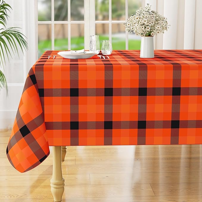 misaya Rectangle Waterproof Vinyl Table Cloth, Buffalo Flannel Backed Tablecloth, Wipeable Plastic Table Cover for Dinner, Kitchen, Picnic (60" x 102", Black and Orange and Yellow)