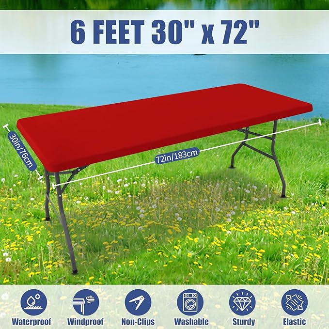 Spandex Picnic Table Cloth 2 Pack, Elastic Fitted Tablecloths for 5 Foot Rectangle Tables, Stretch Washable Patio Table Cover for Outdoor, Camping, Banquet and Parties (Red, 30"x60")