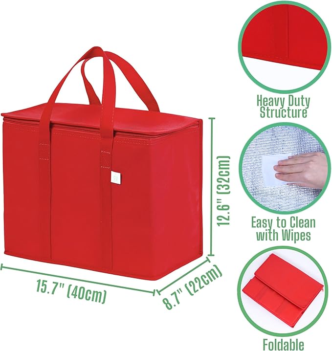 VENO 2 Pack Cooler Bag and Insulated Grocery Bags for Food Delivery, Collapsible Cooler, Reusable Shopping Bags for Groceries with Zipper, Foldable, Heavy-Duty, Stands Upright (Red, 2 Pack)