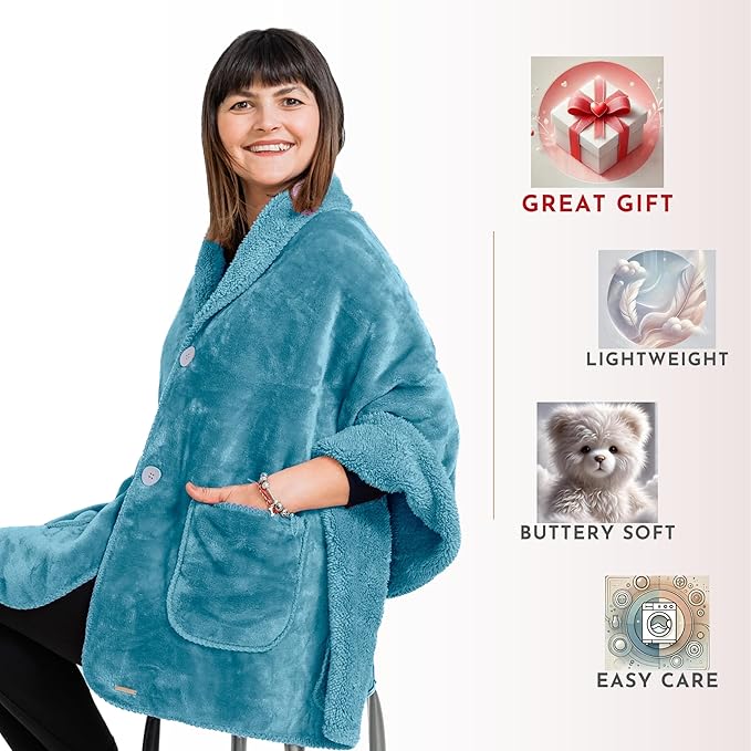 Fleece Poncho Blanket -No Sleeves- Lightweight Warm Wrap Shawl - Wearable Blanket - Lap Blanket - Gift for Grandma (100% Fleece, Royal Sky)