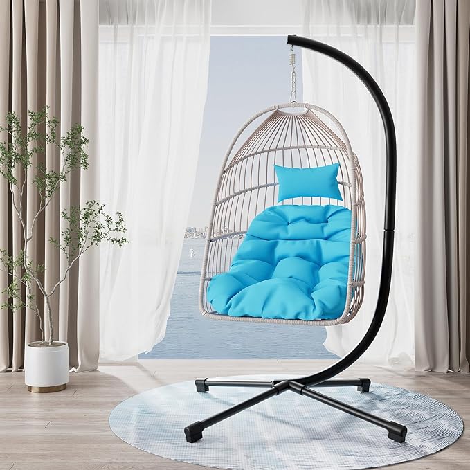 Foldable Hanging Egg Chair with Stand, HDPE Rattan and Heavy Duty Aluminum-Steel Frame, Outdoor Patio Wicker Swing Egg Chair with Headrest and Cushioned, 350 Lbs Capacity (Blue)