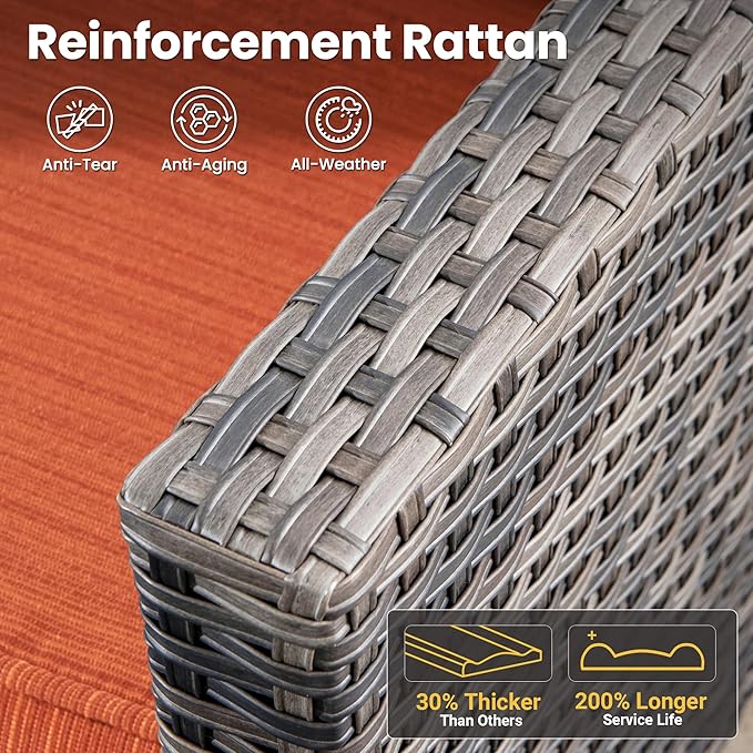 ovios 7 Pieces Patio Furniture Set with 54" Fire Pit Table, Outdoor Wicker Sofa with Comfy Cushions, All Weather High Back Rattan Couch Conversation Set, Orange Red