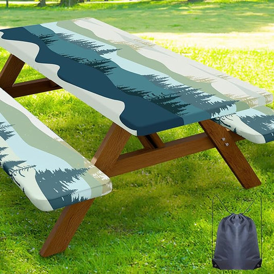 Smiry Picnic Table Cover with Bench Covers, Waterproof Elastic Fitted Tablecloth for 8 Foot Tables, Washable Polyester Tablecloths for Camping, Indoor & Outdoor (Green Blue, 30x96 Inch 3-pc Set)
