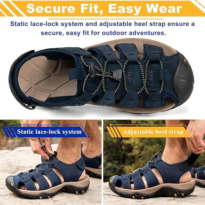 Men's Sport Sandals Closed Toe Leather Hiking Athletic Walking Outdoor Beach Trail River Fishing Water Shoes Lightweight Comfortable Waterproof