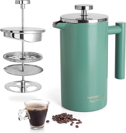 Mixpresso Green Stainless Steel French Press Coffee Maker 26 Oz 770 Ml, Double Wall Insulated French Press Stainless Steel, Easy Clean Tea Brewer, Easy Press Durable Metal Coffee Press