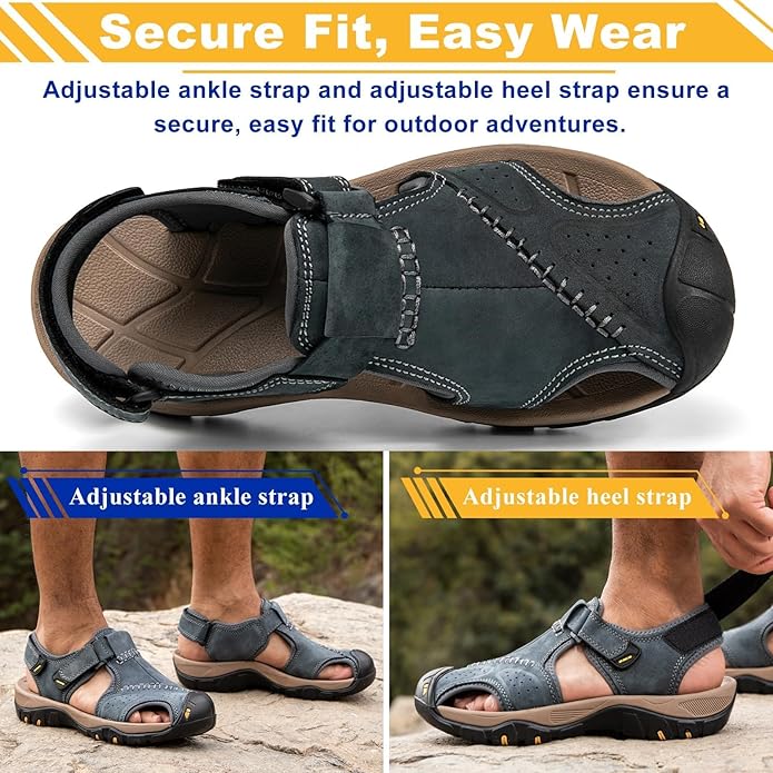 Men's Sport Sandals Closed Toe Leather Hiking Athletic Walking Outdoor Beach Trail River Fishing Water Shoes Lightweight Comfortable Waterproof
