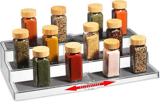 Expandable Spice Organizer Rack - 3-Tier - Clear Adjustable Tiered Shelf Spices Organization for Kitchen Cabinet and Pantry Storage
