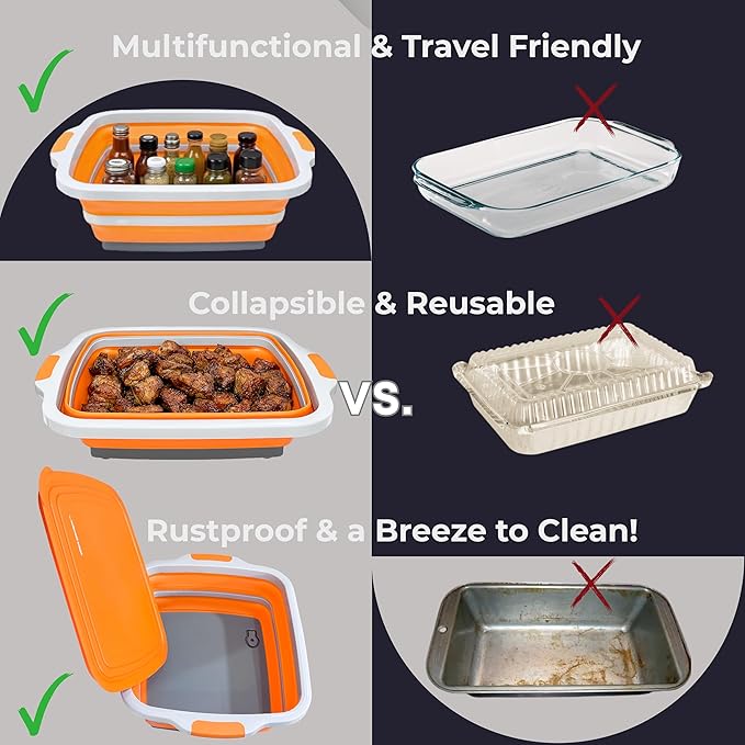 Collapsible X-Large (16L) BBQ Marinating Tub w/Cutting Board | Multipurpose Food-Grade TPE Prep Tub w/Lid | Built-in Colander & Drain Plug - for Camping | Tailgate | Picnic - Bold Orange