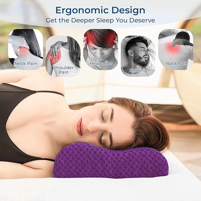 Travel Pillow Memory Foam Pillows, Ergonomic Wave Cervical Neck Pillow for Neck Pain Relief, Compressible Medium Firm Side Sleeper Pillow, Ideal for Camping, Office, Home & Bed (Purple, L)