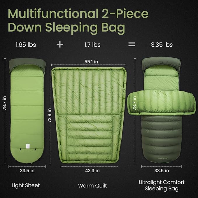 ATEPA Down Sleeping Bag, Recycled 650FP 4 Season Summer & Winter Compact Rectangle Lightweight Waterproof Wearable Sleeping Bag with Compression Sack for Camping Backpacking Hiking