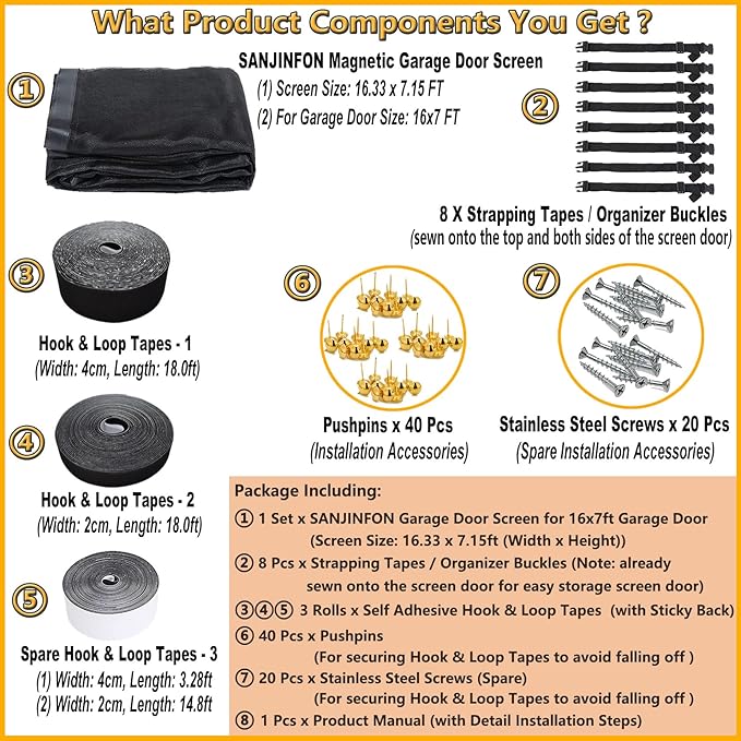 Garage Door Screen for 2 Car Garage 16x7 FT - Magnetic Retractable Fiberglass Mesh 16x7ft & Heavy Duty Weighted Bottom, Include Screws & Repair Patches - Easy Assembly for Patio Workshop Gym