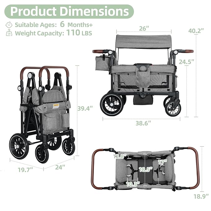Wagon Stroller for 2 Kids, Foldable Kids Wagon Cart Featuring with Harnesses, Adjustable Double Push Handle, Removable Canopy, Snack Tray, Large Storage Bag, Gray