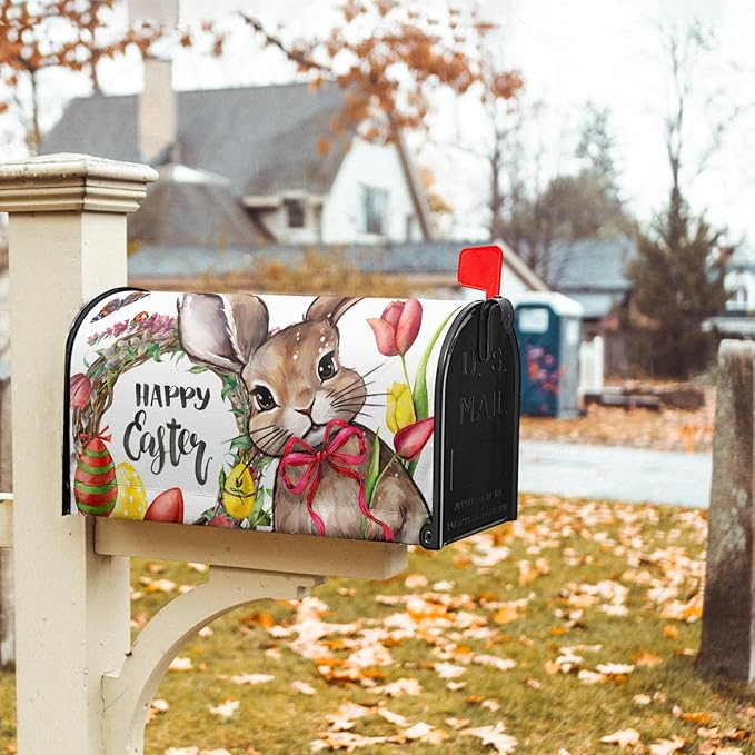 Happy Easter Bunny Magnetic Mailbox Covers Cute Rabbit with Egg Flower Wreath Decorative Mailboxes Wraps Post Letter Box Cover Standard Size 25.5x21In Spring Holiday Decor for Home Outdoor Garden Yard