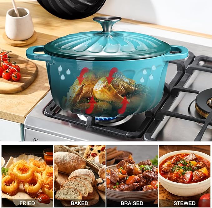 Enameled Cast Iron Dutch Oven with Lid, 6 QT Cast Iron Dutch Oven Pot, Dual Handles for Bread Baking, Cook, Bake, Oven Safe across All Cooktops (BlueGreen, 6 QT)