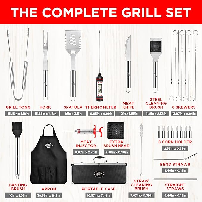 Kaluns Grilling Accessories, Dad Gifts for Christmas Grilling Gifts, Heavy Duty Stainless Steel Grill Set BBQ Grill Accessories for Outdoor Grill with Aluminum Case and Apron, Best Gifts for Men Dad