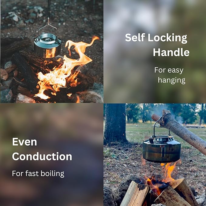 Camping Kettle for Boiling Water 1.2L | Stainless Steel Open Fire Coffee & Tea Pots | 5-Cup Water Kettles| Travel Tea Kettle for Outdoor Cooking & Backpacking