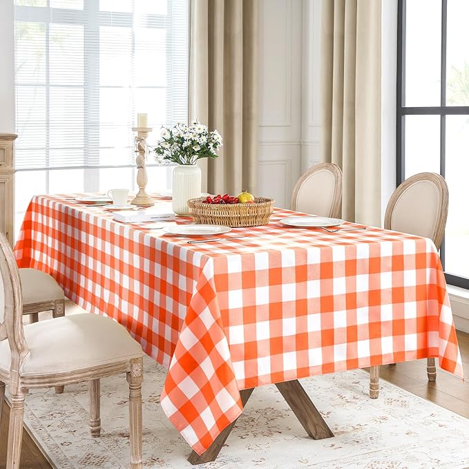 Softalker Halloween Gingham Checkered Rectangle Tablecloth - Waterproof Buffalo Plaid Table Cloth Stain Resistant Washable Table Cover for Picnic/Camping/Outdoor - Orange and White, 54 x 108 Inch