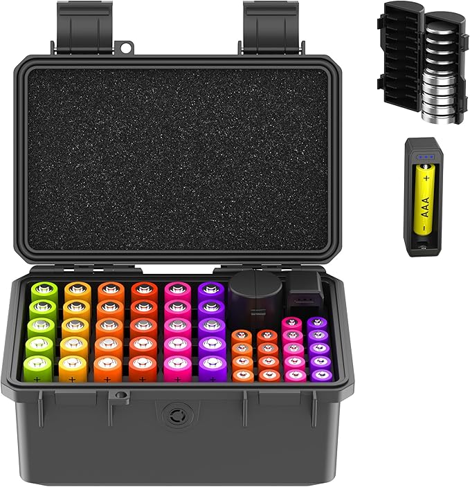 KIWIFOTOS 58 Slots AA AAA CR2032 Battery Case Holder with Tester, IP67 Waterproof Outdoor Batteries Storage Organizer Container with 3V CR2032 Button Battery Holder