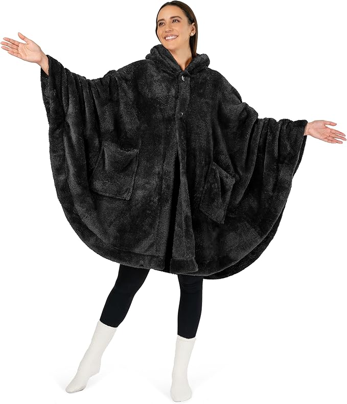 PAVILIA Angel Wrap Hooded Blanket Poncho, Wearable Blanket Throw Wrap Poncho for Women Adult, Cozy Fluffy Sherpa Fleece Shawl Cape with Hood pockets, Warm Gift for Mom Wife, Black