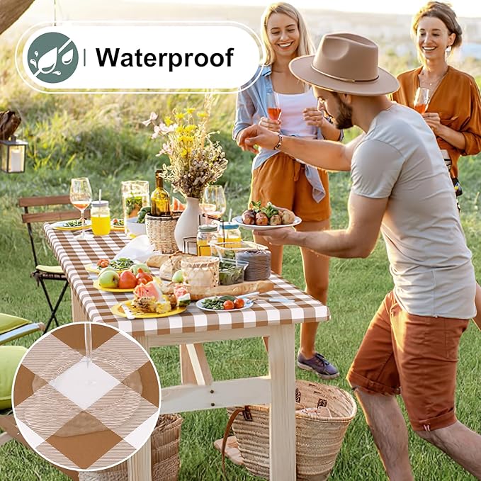 misaya Buffalo Rectangle Picnic Tablecloth, 4 Foot Elastic Fitted Vinyl Table Cloth with Flannel Backing, Waterproof Plaid Table Covers for Dining, Camping, Outdoor (Brown and White, 24" x 48")