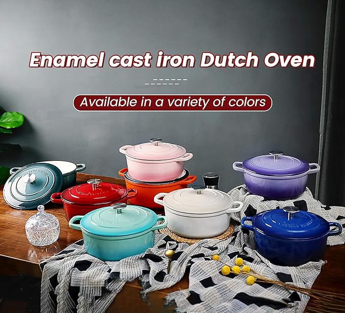 Enameled Cast Iron Dutch Oven, 5.5 Quart, Round Dutch Ovens Pot with Dual Handle for Bread Baking, Dutch Ovens with Lid, Bread Oven, Red