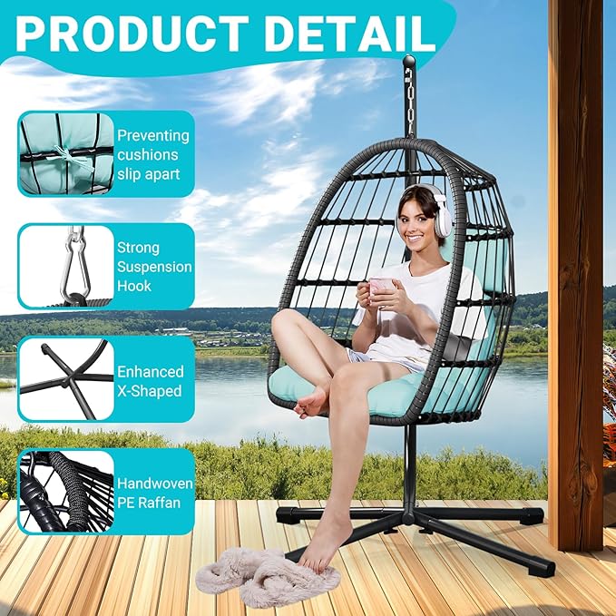 LEVELEVE Egg Chair with Stand,Patio Rattan Wicker Hanging Swing Egg Chair Hammock Chair for Bedroom Porch Garden,Thickened Aluminum Alloy Steel Frame and UV Resistant Cushion,350LBS Capacity