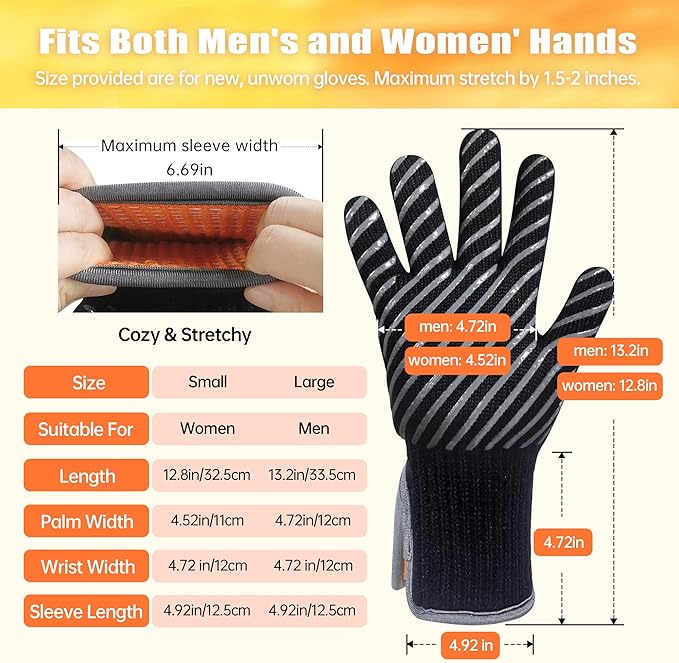 HandLove BBQ Gloves, Oven Gloves with Fingers –1472℉ Heat Resistant Gloves for Grilling | Aramid Retardant Non-Slip Grip, Bamboo-Lining Fire, Black,L