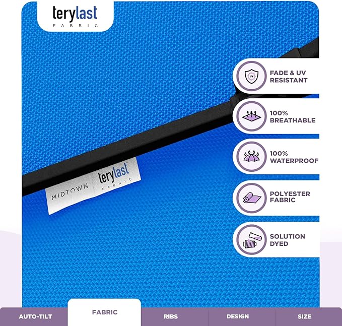 Midtown Umbrellas 10-Year-No-Fade - 8 Ft - UV Proof Cobalt (Blue) Polyester Fabric - Umbrella Outdoor Patio, Auto-Tilt Aluminum Frame Patio Umbrella for Garden, Pool & Deck - Black Pole