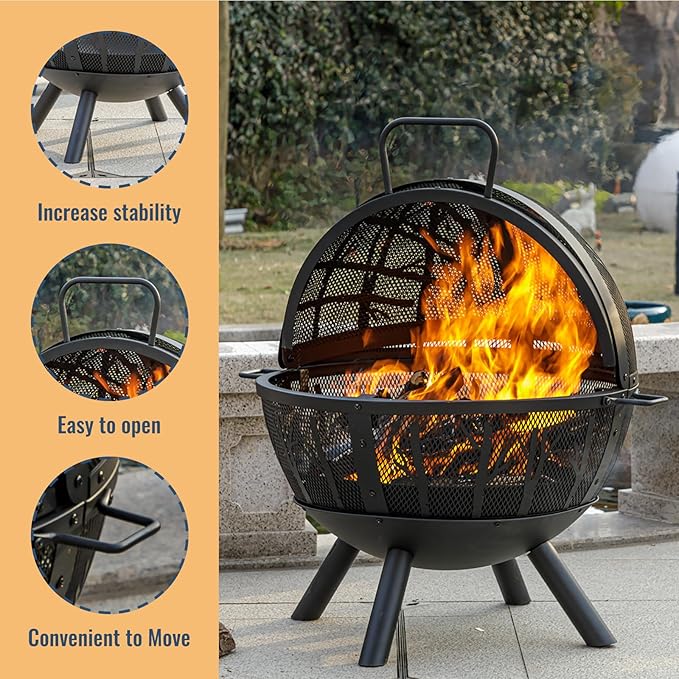 35 Inch Wood Burning Fire Pit with BBQ Grill, Heavy Duty Fire Pits Ball for Outside with Spark Screen & Removable Ash Pan, Outdoor firepit & Fireplace for Bonfire in Garden, Yard