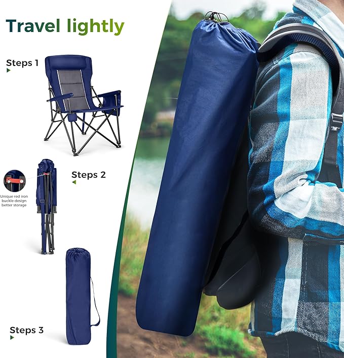 ALPHA CAMP Oversized Folding Camping Chairs High Backrest Heavy Duty Lawn Chairs for Adults Support 500 LBS Portable Camp Chairs with Cup Holders Large Side Pocket Outdoor Chair 2 Pack