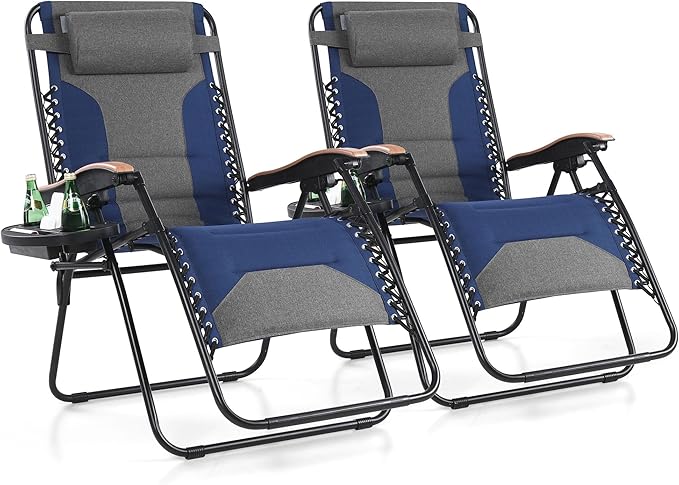 MFSTUDIO Zero Gravity Chairs Set of 2, XL Oversized Outdoor Anti Gravity Chair, Patio Lounge Folding Adjustable Chair with Cup Holder & Padded Headrest, Support 400lbs,Cyan