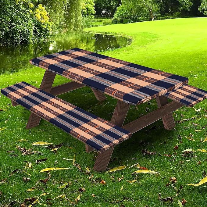 CAPSCEOLL Fitted Picnic Table Cover with Bench Covers with Elastic 8Ft Waterproof Picnic Table Cloths Windproof Outdoor Camping Tablecloth with Drawstring Bag, 96X30in, Autumn Plaid