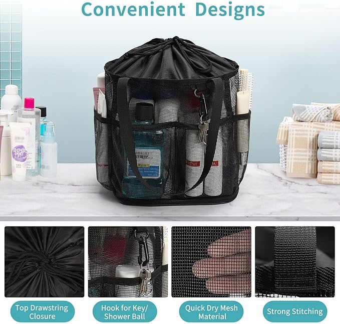 Mesh Shower Caddy Portable for College Dorm Room Essentials, Shower Tote Bag with Hanging Hook and Drawstring, Quick Dry Toiletry Bag with 6 Pockets for Bathroom, Swimming, Gym, Camping, Beach, Travel