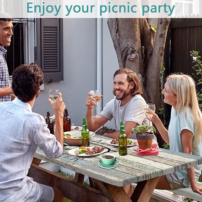 JAWO Picnic Table Covers with Bench Covers Camping Tablecloth 6FT for 6 Person Fitted Picnic Table Cover with Elastic Windproof Waterproof Fabric, Camping Accessories Patio & Outdoor, 3-PCS Set