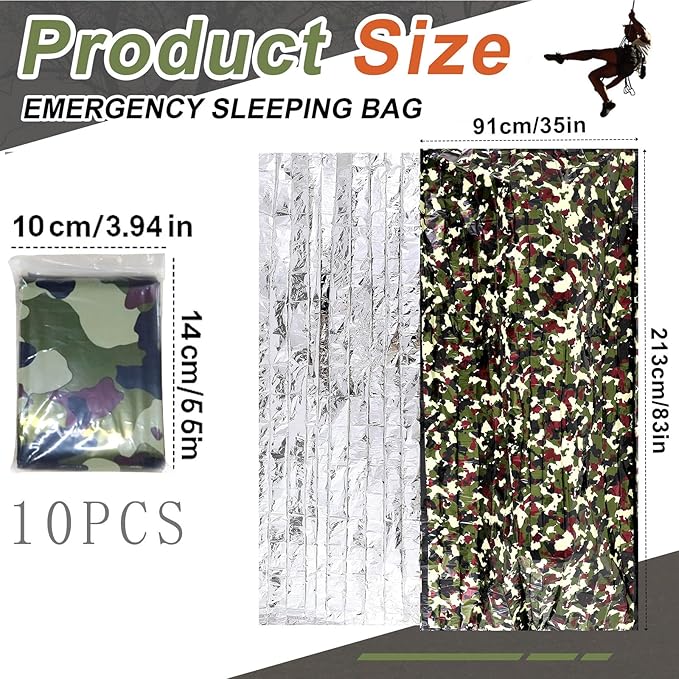 Preboun 10 Pcs Emergency Sleeping Bag Portable Lightweight Survival Bag Thermal Bivy Sack Waterproof Emergency Blanket Survival Gear for Outdoor Camping Hiking Homeless People Shelter (Camouflage)