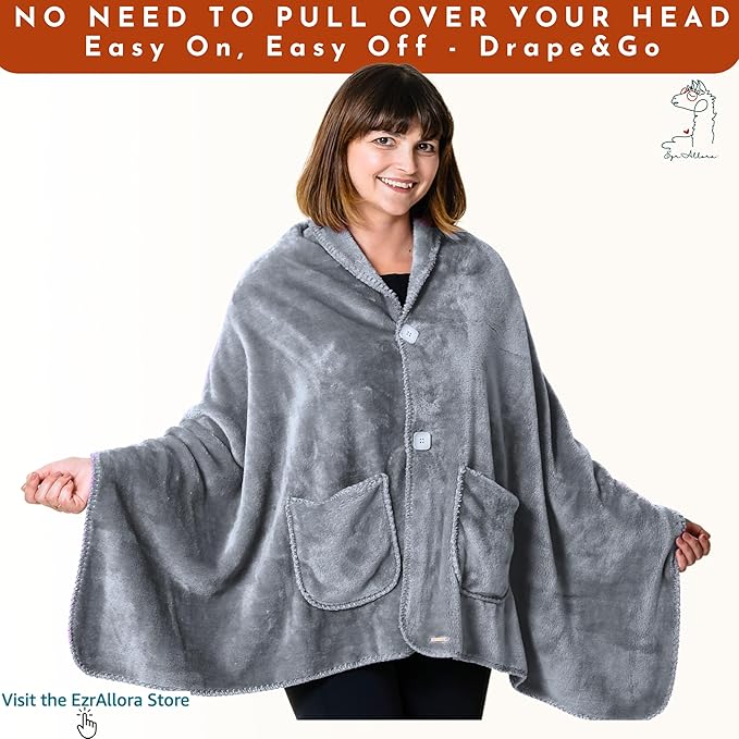 Fleece Poncho Blanket -Drape and Go No Sleeves- Lightweight Warm Wrap Shawl - Wearable Blanket - Lap Blanket - Gift for Grandma and Mom (100% Fleece, Silver Grey)