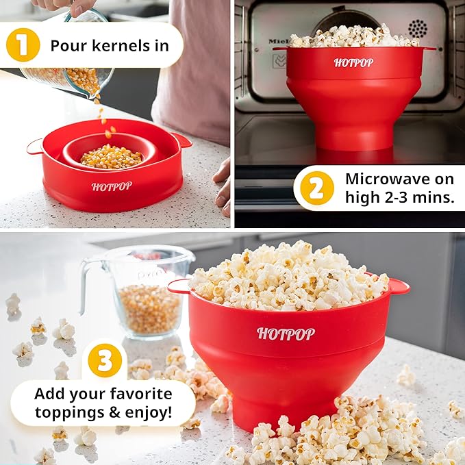 The Orginal HotPop Silicone Popcorn Maker - Microwave Popcorn Popper with Handles - Collapsible Bowl, Heat-Resistant, Easy to Clean, Ideal for Family Movie Nights, 15-Cup Capacity - Red