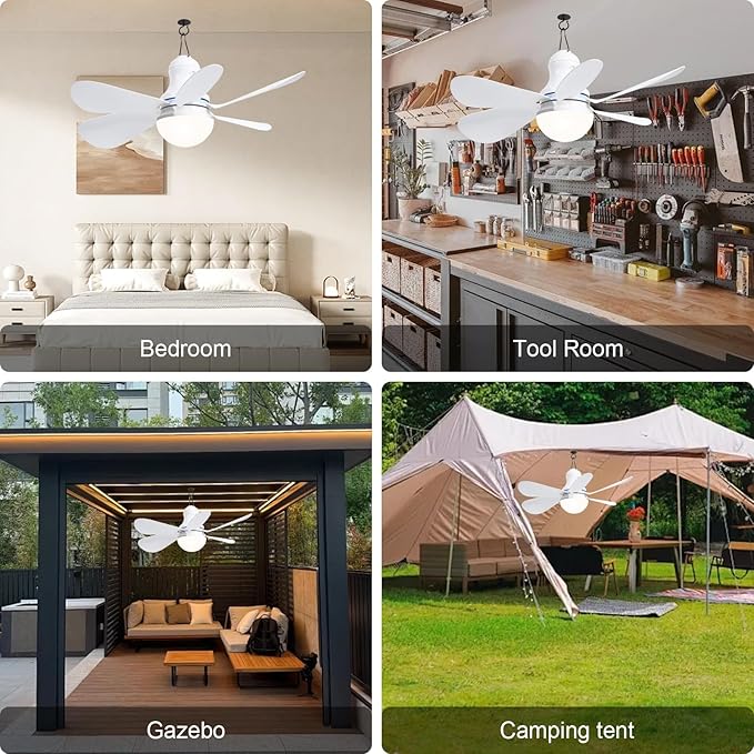 Portable Ceiling Fan with LED Light, Mini DC 5V USB Tent Fans for RV, 16.5Inch Small USB Ceiling Fan Hanging Camping Tent Gazebo Bed Dormitory, On/Off Button Switch, Detachable Blades